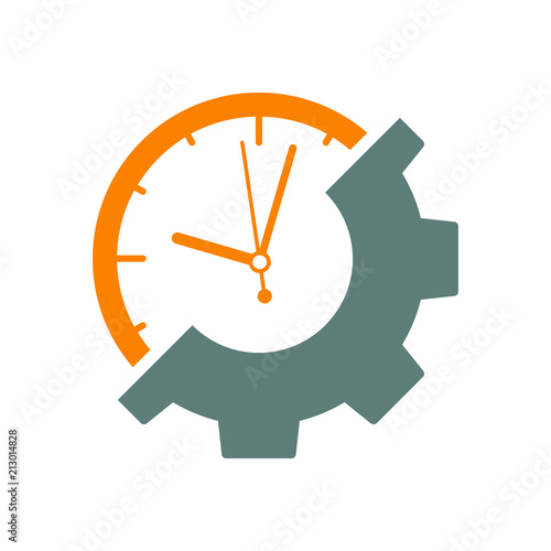 Icono plano reloj y engranaje en gris y naranja