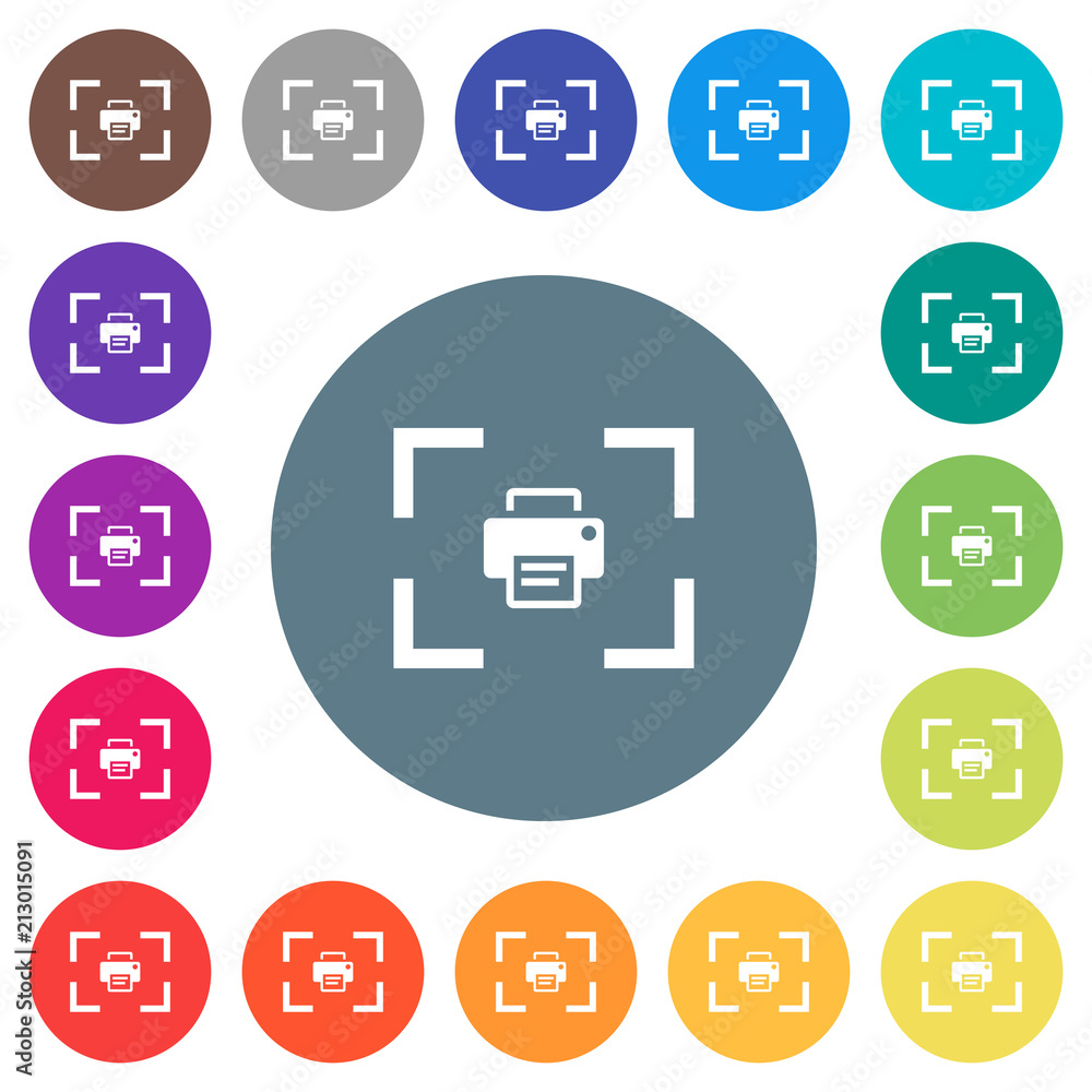 Camera print image flat white icons on round color backgrounds Camera print image flat white icons on round color backgrounds