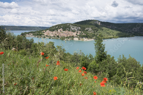 town of bauduen and lac de sainte croix in french provence on cloudy summer day