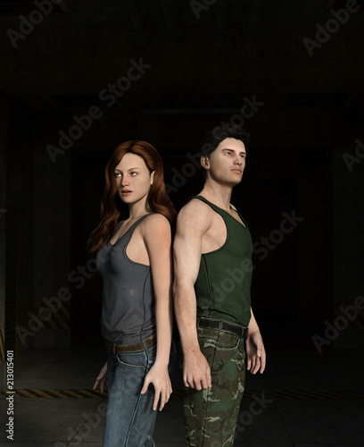 3d illustration of Survivor woman and man in a dark place,Horror movie scene
