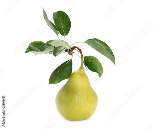 Fresh ripe pear with twig and leaves isolated on white background