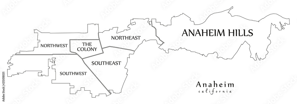 Obraz Nowoczesna mapa miasta - Anaheim w Kalifornii miasto w USA z mapami zarysów dzielnic i tytułów