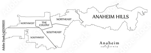 Modern City Map - Anaheim California city of the USA with neighborhoods and titles outline map