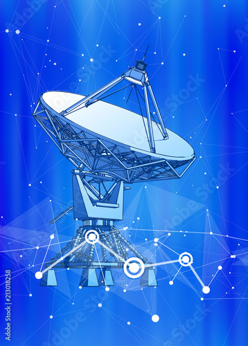 Satellite Dishes Antenna - doppler radar, digital wave and blue technology background - abstract illustration of science, astronomy, information technology, network solutions and digital technologies