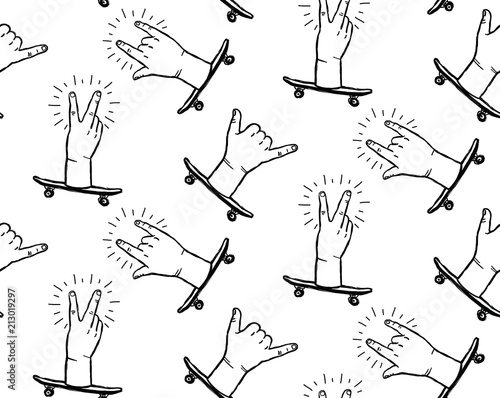Peace sign, rock n roll hands and shaka hands skateboarding gestures - white seamless pattern 