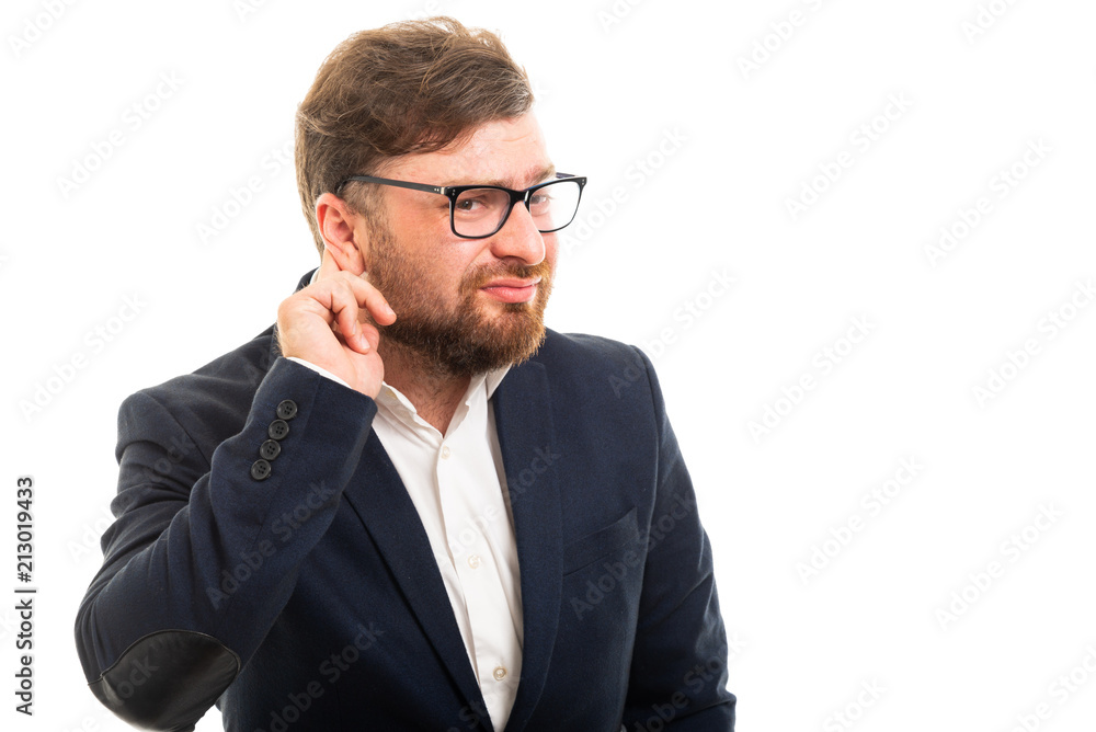 Portrait of business man showing can't hear gesture. Portrait of business man showing can't hear gesture.
