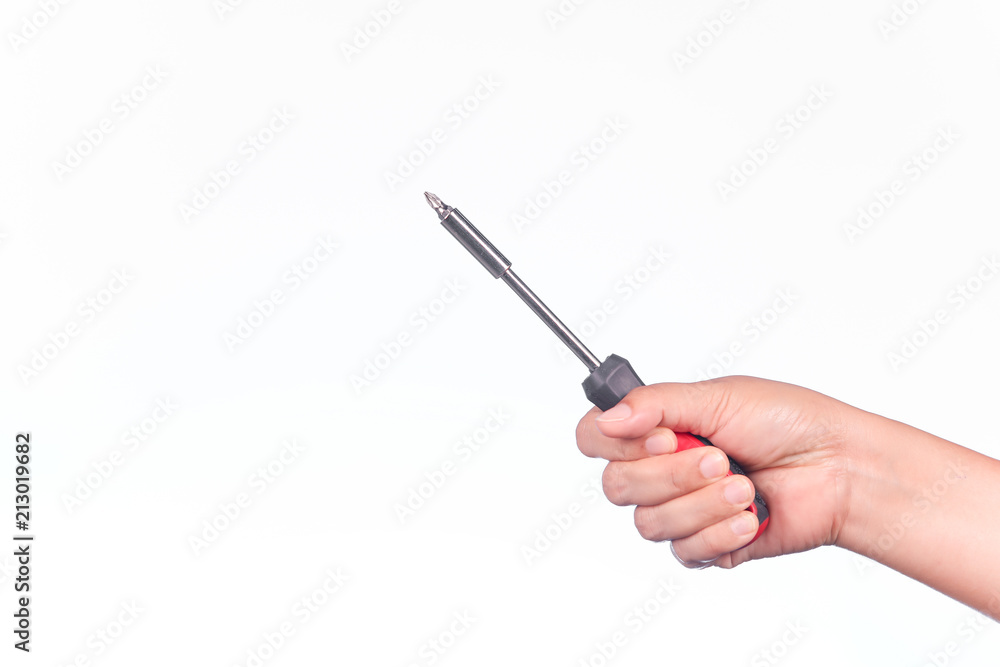 A man hand hold a screwdriver on white background. A man hand hold a screwdriver on white background.