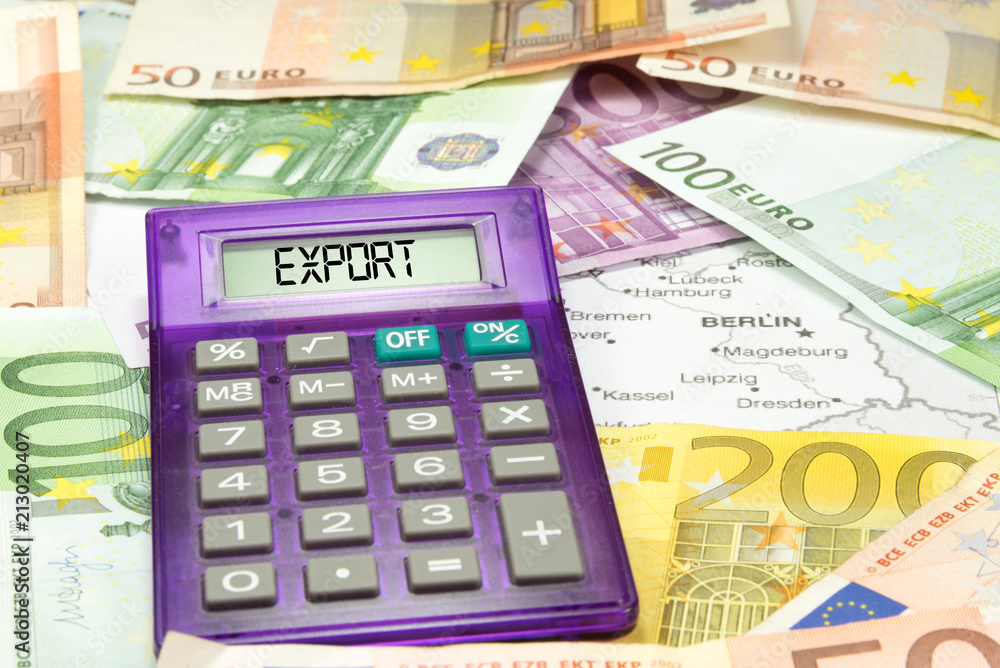 Landkarte von Deutschland, Euro Geldscheine, Taschenrechner und der Export Landkarte von Deutschland, Euro Geldscheine, Taschenrechner und der Export