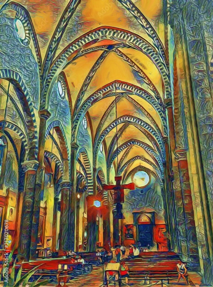 Catholic church interior inside. Old architecture of Italy. Big size oil painting fine art. Modern impressionism drawn artwork. Creative artistic print for canvas or paper. Poster or postcard.