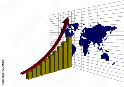 A 3D stock chart with an arrow going up against a world map