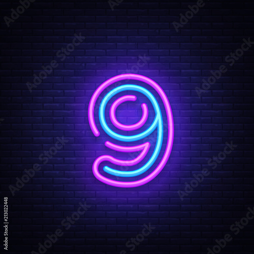 Number nine symbol neon sign vector. Ninth, Number nine template neon icon, light banner, neon signboard, nightly bright advertising, light inscription. Vector illustration