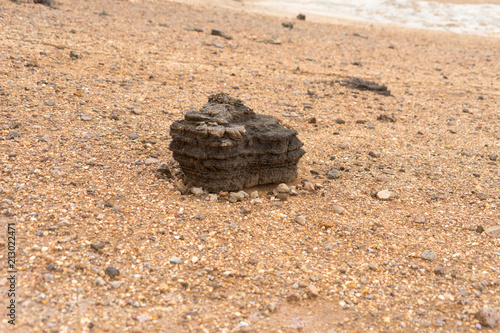 Single dark brown lava stone on bright ground