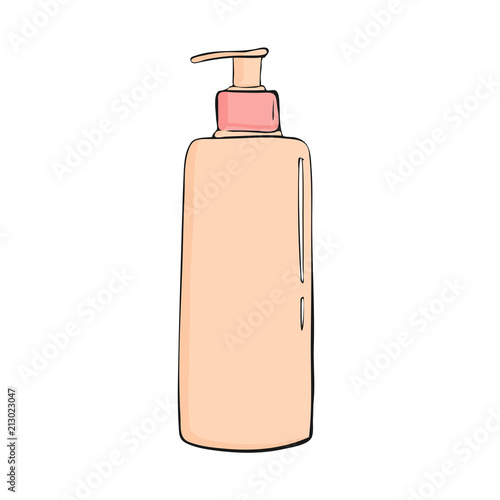 shower gel bottle with dispenser. cosmetic icon. Trendy cartoon style. Hygiene and health care illustration. beauty object soap, lotion or cream