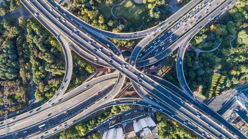 aerial view of highway interchange in sunny day photo