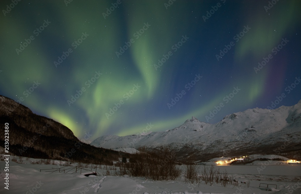 The northern lights (Aurora Borealis) over Laksvatn, Troms by a frozen fjord