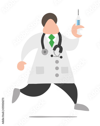 Vector cartoon doctor man with stethoscope and running, holding syringe ready for injection