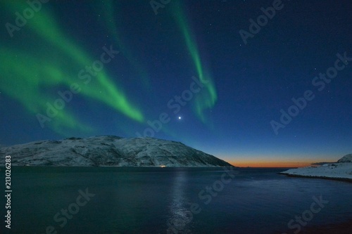 The northern lights  Aurora Borealis  over Seljelvnes  Troms by the sea and the snowy mountains