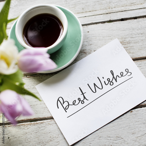 Fotografi Best Wishes card and a cup of coffee