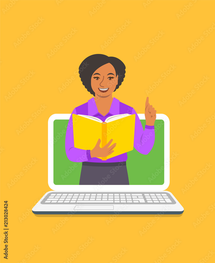 Online education concept. Young black woman teacher holds open book and lifts a finger up to share knowledge. Cartoon vector illustration. Distance learning by computer. Virtual library on internet Online education concept. Young black woman teacher holds open book and lifts a finger up to share knowledge. Cartoon vector illustration. Distance learning by computer. Virtual library on internet