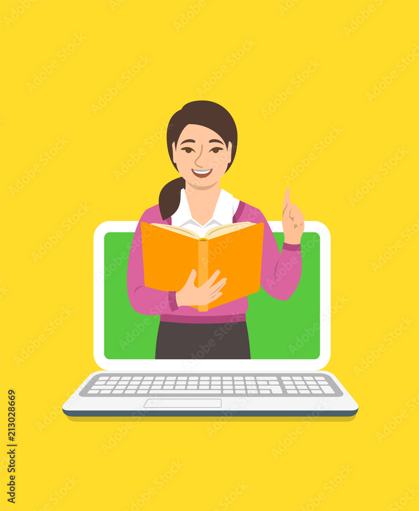 Online education concept. Young asian woman teacher holds open book and lifts a finger up to share knowledge. Cartoon vector illustration. Distance learning by computer. Virtual library on internet Online education concept. Young asian woman teacher holds open book and lifts a finger up to share knowledge. Cartoon vector illustration. Distance learning by computer. Virtual library on internet