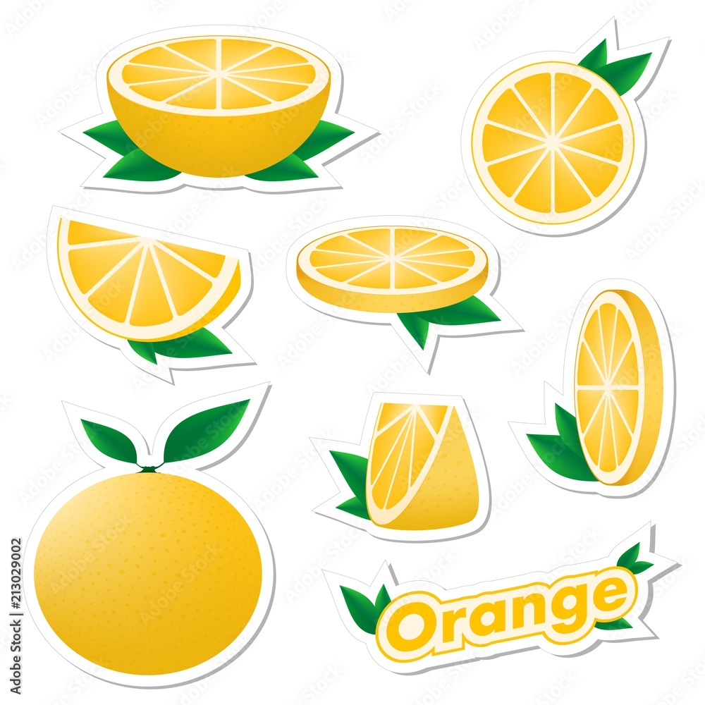 Set stickers of fresh citrus sliced and whole orange fruit with skin with green leaves on a white background. The concept of healthy eating. Set stickers of fresh citrus sliced and whole orange fruit with skin with green leaves on a white background. The concept of healthy eating.