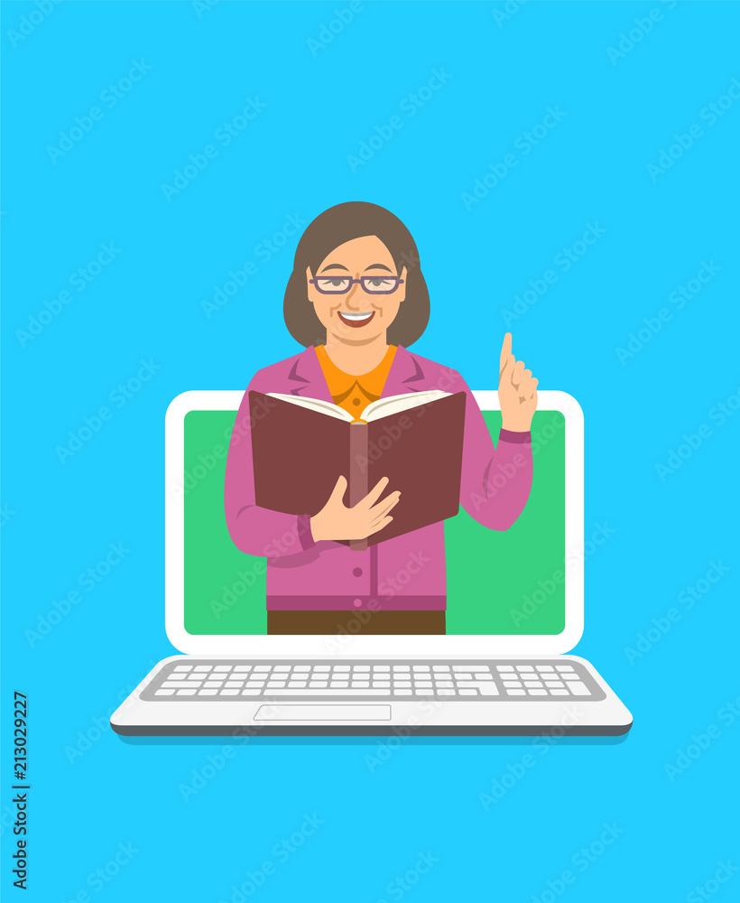 Online education concept. Elderly woman teacher holds open book and lifts a finger up to share knowledge. Cartoon vector illustration. Distance learning by computer. Virtual library on internet Online education concept. Elderly woman teacher holds open book and lifts a finger up to share knowledge. Cartoon vector illustration. Distance learning by computer. Virtual library on internet