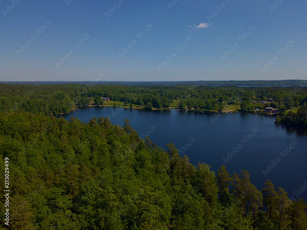 Aerial view of lake in Sweden surrounded by forest and with some houses on the bank.