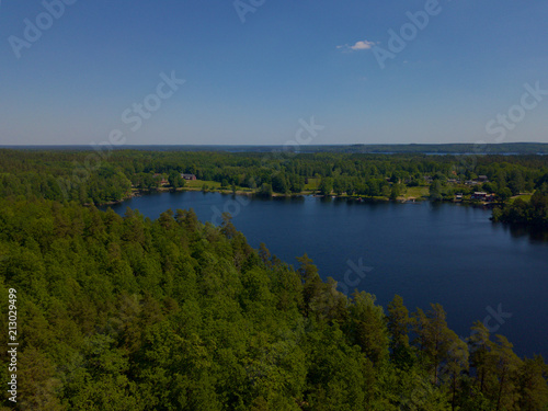 Aerial view of lake in Sweden surrounded by forest and with some houses on the bank.