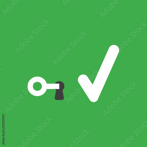 Vector icon concept of key into keyhole with check mark on green background