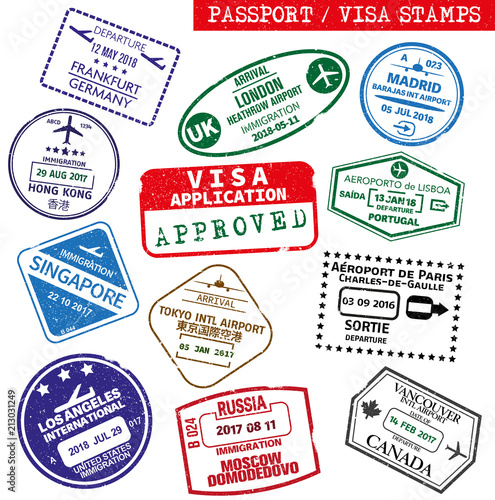 set of grungy visa and passport rubber stamp prints