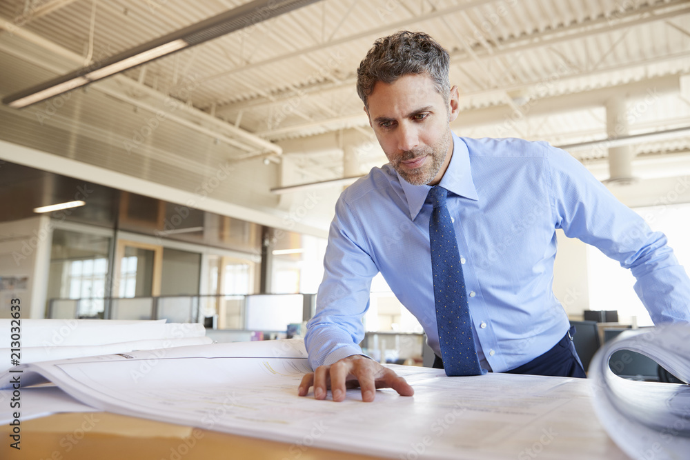 White male architect looking at plans in office, close up White male architect looking at plans in office, close up