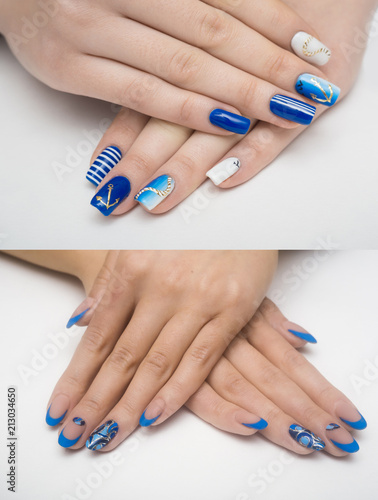 Blue manicure in light and dark colors of lacquer on a striped background.