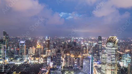 Aerial View of Yanan Rd, Jingan district, Shanghai in the evening on a cloudy day
