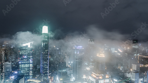 aerial view of shanghai city in a misty night