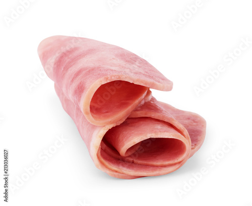 Sliced boiled ham sausage isolated on white background
