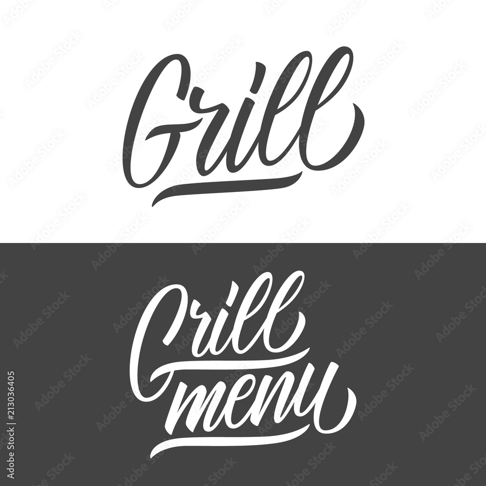Grill and Grill Menu handwritten inscription. Creative typograph for restaurant menu and meat business. Vector illustration. Grill and Grill Menu handwritten inscription. Creative typograph for restaurant menu and meat business. Vector illustration.
