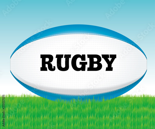 芝生に置かれたラグビーボール（公式球白ベース）｜ラグビーのボールのイラスト（縦）｜Rugby ball