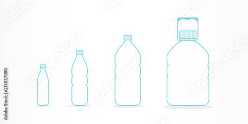 Plastic bottles with water icon set. Different sizes. Vector illustration, flat design