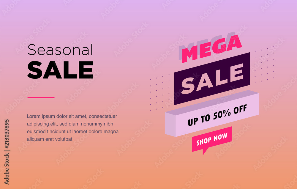 Fototapeta premium Sale banner template design. Web banner with neon light and modern 3d isometric infographic for your site. Isometric gradient style. Home page concept.