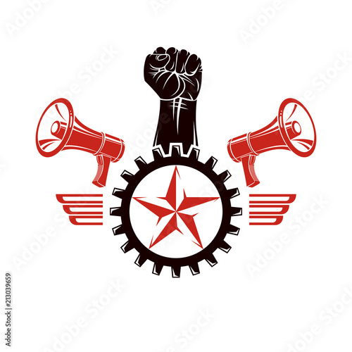 Raised clenched fists vector illustration composed with loudspeakers equipment and engineering cog wheel. Propaganda as the means of manipulation and control
