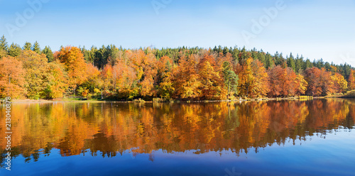 Herbst am Deininger Weiher. Spiegelung Laubwald im Wasser.