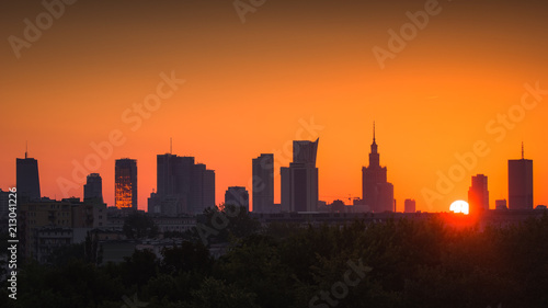 Panorama of skyscrapers in the center of Warsaw at sunrise  Poland