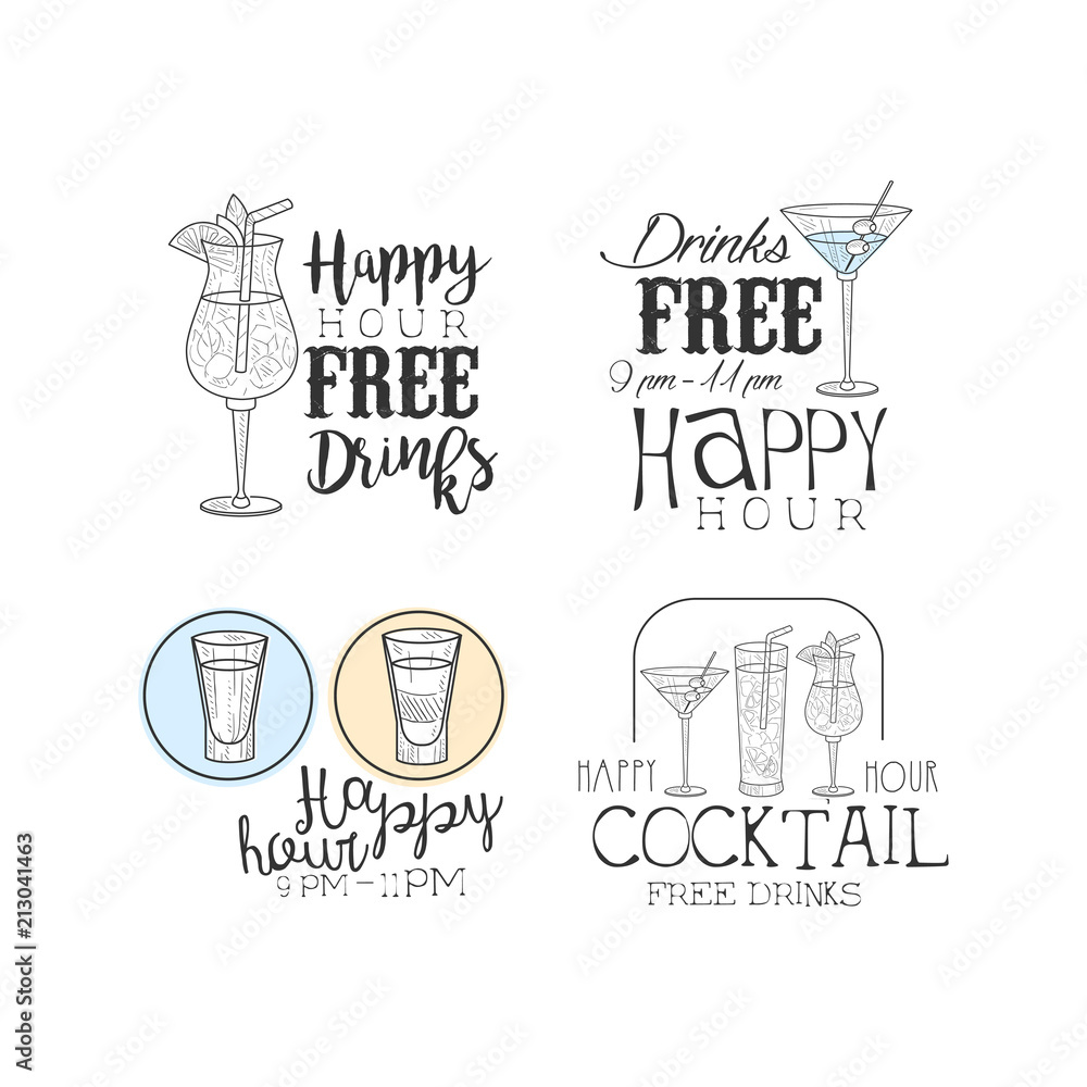 Fototapeta Vector set of hand drawn promotion signs for cocktail bar or restaurant. Original logos with alcoholic drinks and calligraphic text