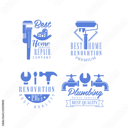 Vector set of logos for plumbing and repairing services. Monochrome emblems for home renovation companies