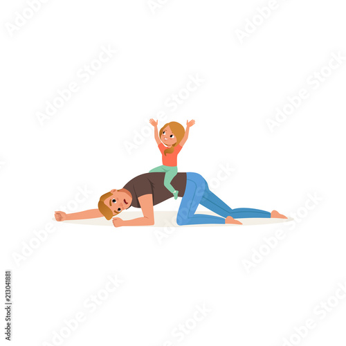 Tired father and daughter sitting on his back, parenting stress, relationship between children and parents concept vector Illustration on a white background