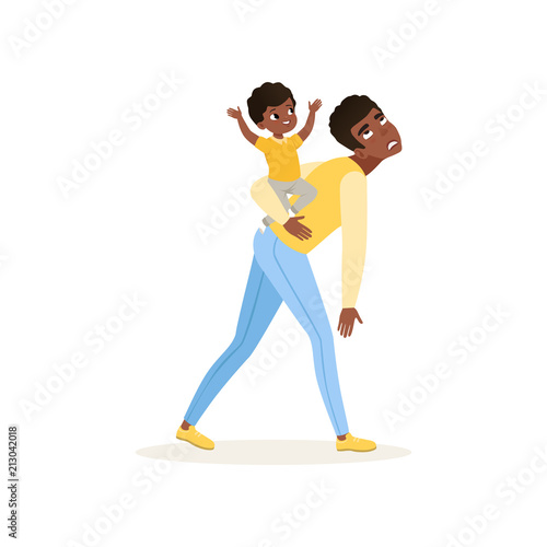 Tired father plating with his son, parenting stress concept, relationship between children and parents vector Illustration on a white background