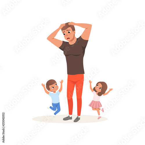 Tired father and his children who want to play, parenting stress concept, relationship between children and parents vector Illustration on a white background