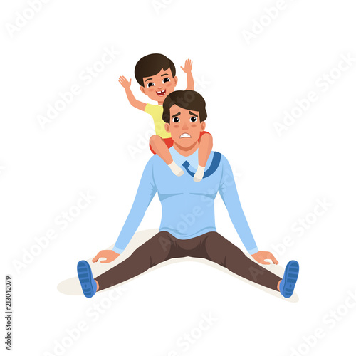Tired father sitting on the floor, smiling little son sitting on his shoulders, parenting stress concept, relationship between children and parents vector Illustration on a white background