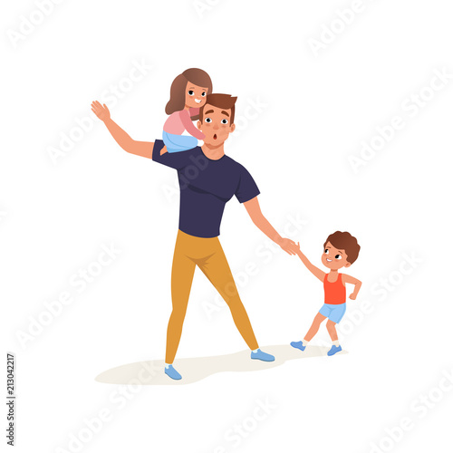Tired father with his son and daughter who wants to play, parenting stress concept, relationship between children and parents vector Illustration on a white background