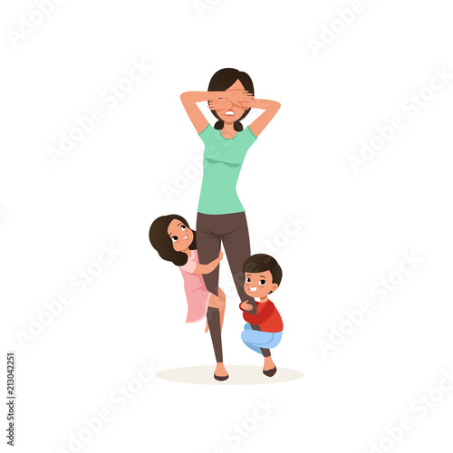 Smiling kids want to play with their tired mother, parenting stress concept, relationship between children and parents vector Illustration on a white background